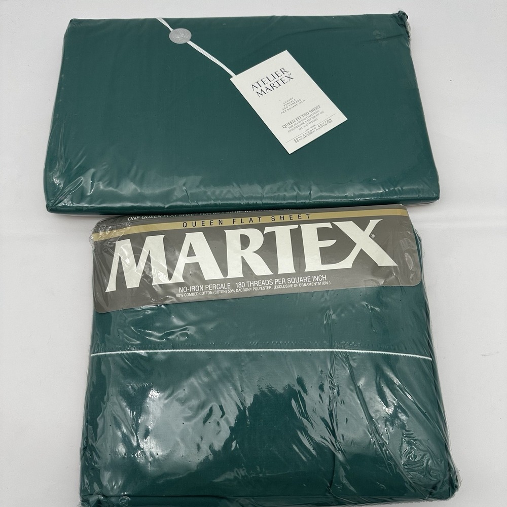 Vintage Martex Luxury Percale Fitted & Flat Sheet Queen - Blue Green NEW
